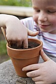 Girl planting pumpkin seed in plant pot filled with soil