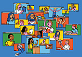 Screens with teachers teaching children online, illustration