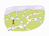 Woman looking for path to love, illustration