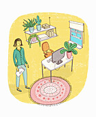 Woman in tidy home office, illustration