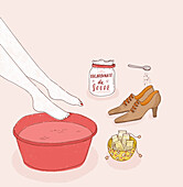Woman freshening shoes and soaking her feet, illustration