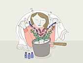 Woman using essential oils and aromatherapy, illustration