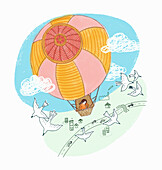 Overhead view of woman in hot air balloon, illustration