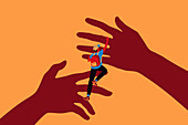 Boy climbing helping hands, illustration