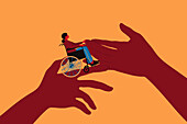 Woman in wheelchair ascending helping hands, illustration