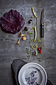 Ingredients for wild game dishes (red cabbage leaf, cherry, chanterelles, beans)
