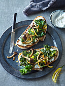 Toasts with savoy cabbage and forrest mushrooms