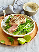 Tuna steak with green beans and mint