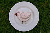 A bird-shaped cake on a plate on the grass