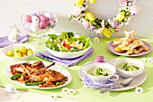Easter menu with salad, soup, main course and dessert