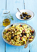Pasta salad with chicken and olives