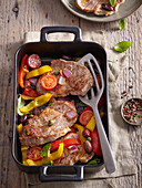 Pork cutlets with pepper and olives