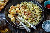 Chicken braised with cabbage, baked potatoes