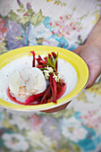 Vanilla ice cream with raw preserved rhubarb