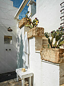 Vintage outdoor shower next to a staircase wall