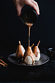 Pears topped with cinnamon caramel