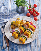 Pork shashlik with sweetcorn and courgettes
