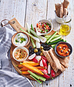 Vegetable platter with various dips