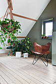 Classic leather chair and houseplants in attic room