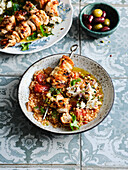 Chicken kebabs with Israeli couscous and pickled feta