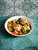 Oriental chicken stew with spinach-feta-shakshuka