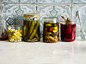 Pickled cucumber, beetroot, courgette and feta in oil