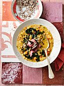 Linsen-Mangold-Suppe mit Aprikosen und Rumpsteakstreifen