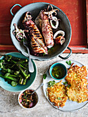 Grilled octopus with okra and latkes