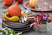 Kürbis-Tischdeko mit Kürbissen als Platzkarten, kleiner Strauß aus Pfaffenhütchen-Fruchtständen und Hornveilchen, Schneebeeren