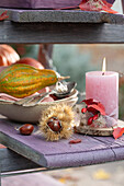 Detail von Holzleiter als Etagere: Kerze auf Holzscheibe, dekoriert mit Hagebutten, Clematisfruchtstand und Herbstlaub, Marone und Kürbis auf Schalen