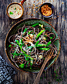 Buckwheat pasta with beans and sesame sauce