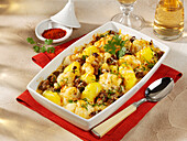 Oriental cauliflower casserole with potatoes and minced meat