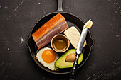 Main keto foods - butter, olive oil, fried egg, avocado, fat meat bacon for ketogenic diet