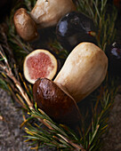 Porcini mushrooms and figs (close-up)