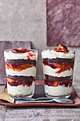 Plum tiramisu in a glass