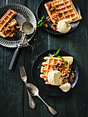 Beer waffles with vanilla ice cream and salty caramel pecan nuts