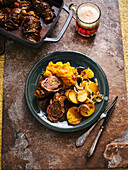 Beef roulades in Altbier sauce with pumpkin mash and fried potatoes