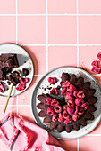 Sliced chocolate mayonnaise cake with dark chocolate chips and fresh raspberries
