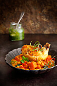 Sweet potato curry with chicken breast and pesto