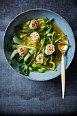 Scallops with oriental vegetables in miso broth