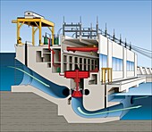 Cross section of a hydroelectric power plant, Illustration