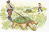 Police officers struggling to control turtles, illustration