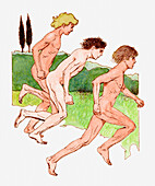 Ancient Greek athletes running, illustration