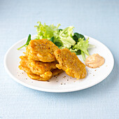 Sweetcorn fritters with dip and salad garnish