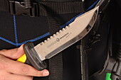 Hand holding diver's knife with serrated edge