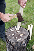 Using hatchet to cut one end of stake into point
