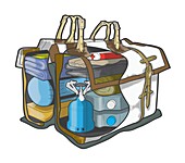 Essential items packed in holdall, illustration