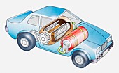 Car showing battery and magnetic force, illustration