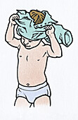 Boy putting on t-shirt, illustration