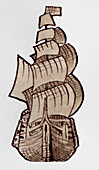 Naval warship with sails up, illustration
